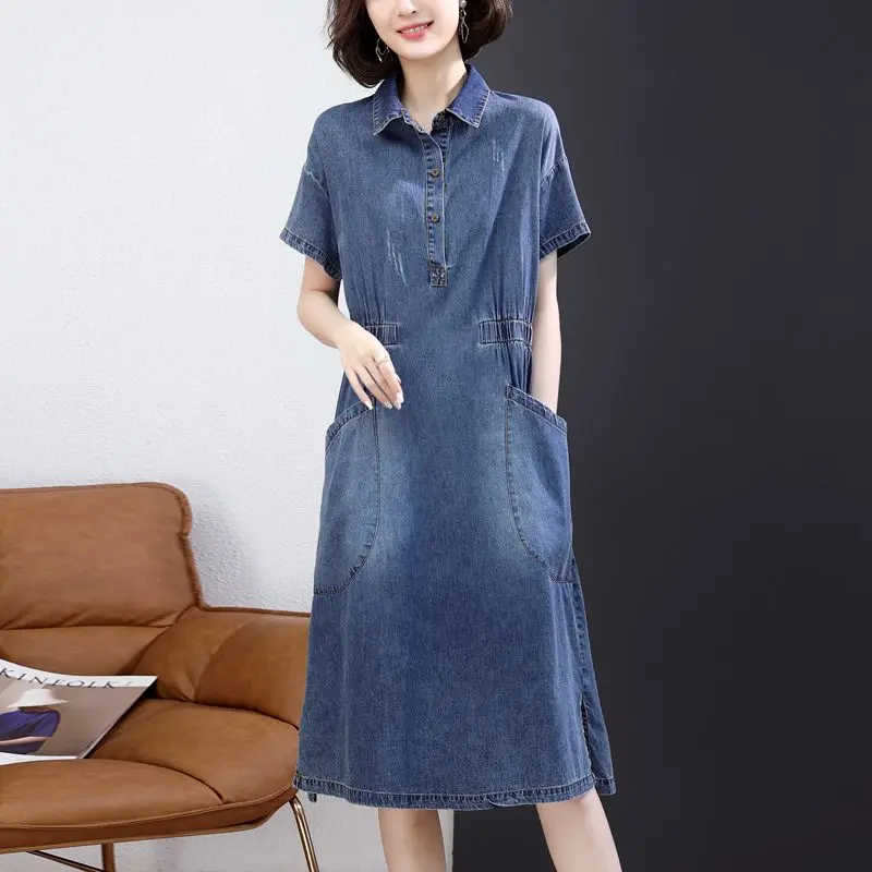 

Vintage A-Line Denim Midi Dress Pockets Spliced Stylish Shirring Summer Short Sleeve Women's Clothing Polo-Neck Button Dresses