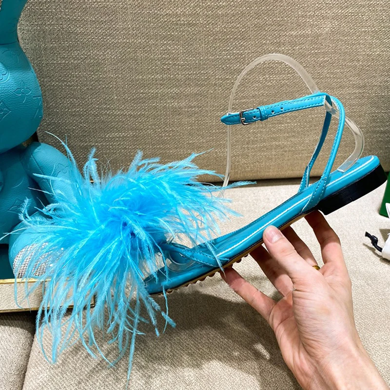 

New Fur Flat Sandals Fluffy Feather One-Word Buckle Sexy Hairy Roman Shoes Flip Flops Party Shoes Luxury Brand Feather Mules