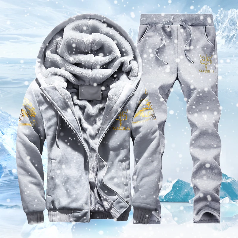 

Tracksuit Men Sporting Fleece Thick Hooded Brand-Clothing Casual Track Suit Men Jacket+Pant Warm Fur Inside Winter Sweatshirt