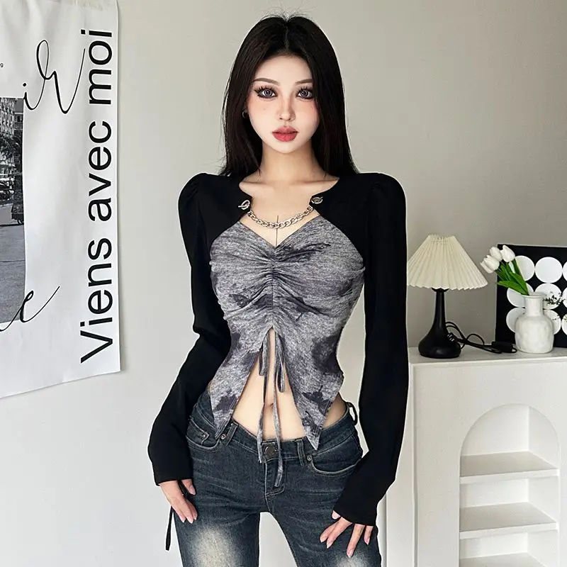 Patchwork Print T-shirt Vintage 90s Aesthetic Girls Y2k Tops Harajuku Gothic Streetwear Slim Long Sleeve Tees Drawstring Clothes
Patchwork Print T-shirt Vintage 90s Aesthetic Girls Y2k Tops Harajuku Gothic Streetwear Slim Long Sleeve Tees Drawstring Clothes