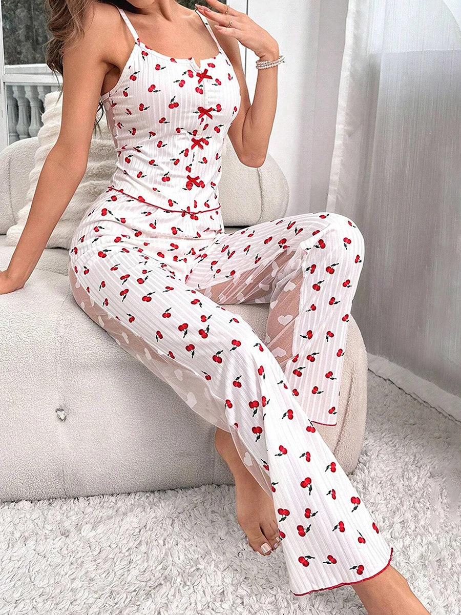 

Edhomenn Women s 2 Pieces Sheer Mesh Loungewear Sets Heart Print Cami Tops and Elastic Waist Pants Y2K Sleepwear