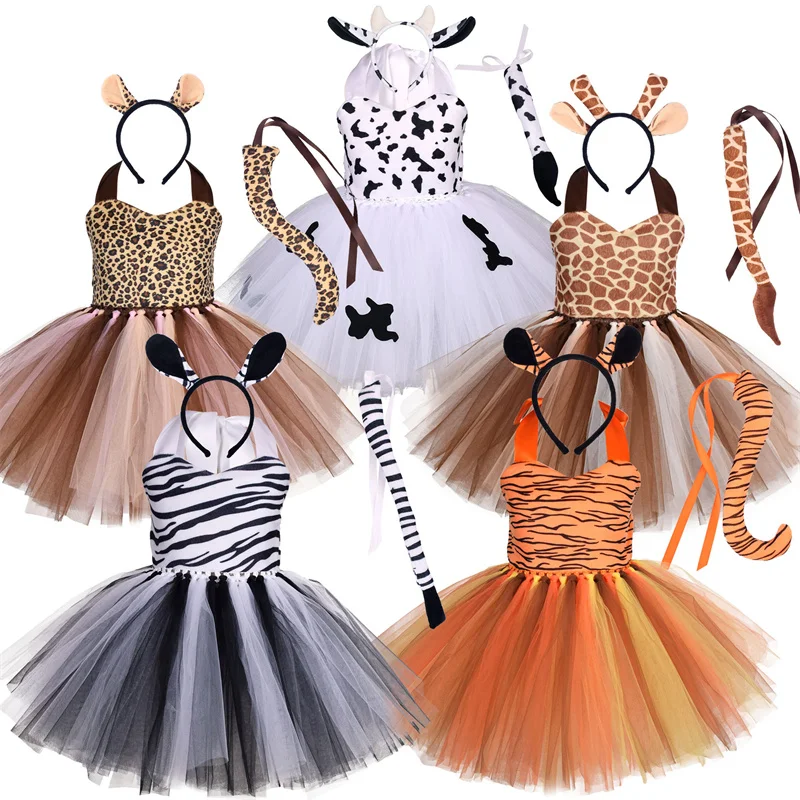 

Halloween Animal Cosplay Costume Kids Forest Theme Giraffe Cows Tiger Leopard Zebra Print Tutu Dress Baby Girls Birthday Party