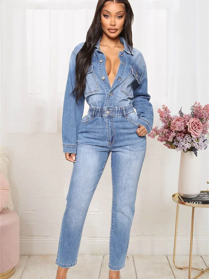 

Streetwear Jean Jumpsuits for Women Spring Y2K Clothes Full Sleeve Button Up Denim Rompers Playsuits One Pieces Overalls Outfits