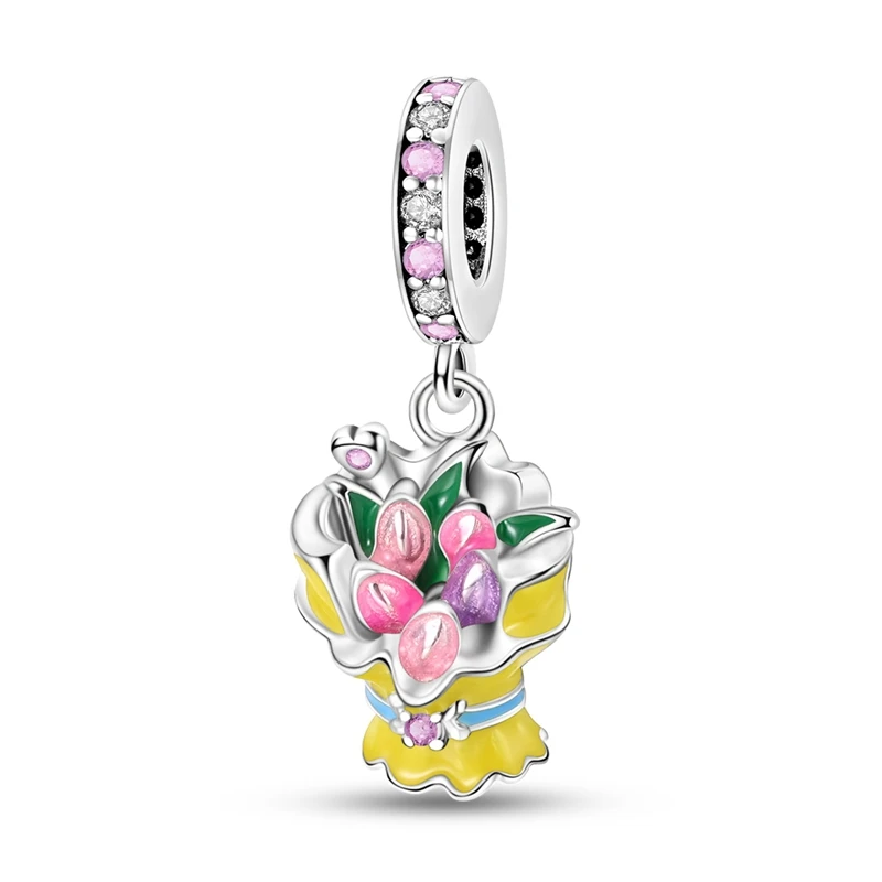 

Authentic 925 Sterling Silver Colored Tulip Green Leaf Yellow Bouquet Charm Fit Pandora Bracelet Women's Proposal Jewelry Gift