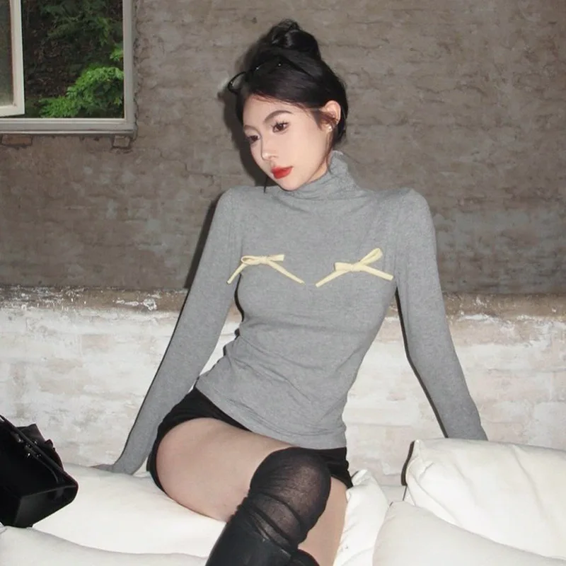

Chic Fashion Solid Color round Neck Long Sleeve Bowknot Top Hot Girl Slim Fit Slimming Female Sawdk