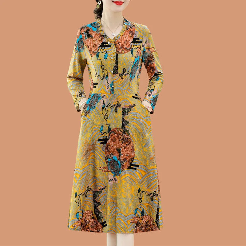 

Vintage Print Elegant Fashion Ruffle V Neck Long Sleeve Party Dresses for Women Spring Autumn Slim Mini Dress Clothing Vestidos