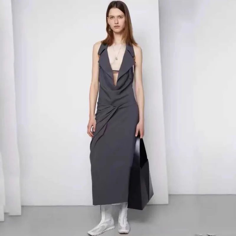 

Женские платья с лямкой на шее LC 24ss, пикантное дизайнерское нишевое длинное платье-трапеция без рукавов с высокой талией, V-образным вырезом и открытой спиной, Y2k