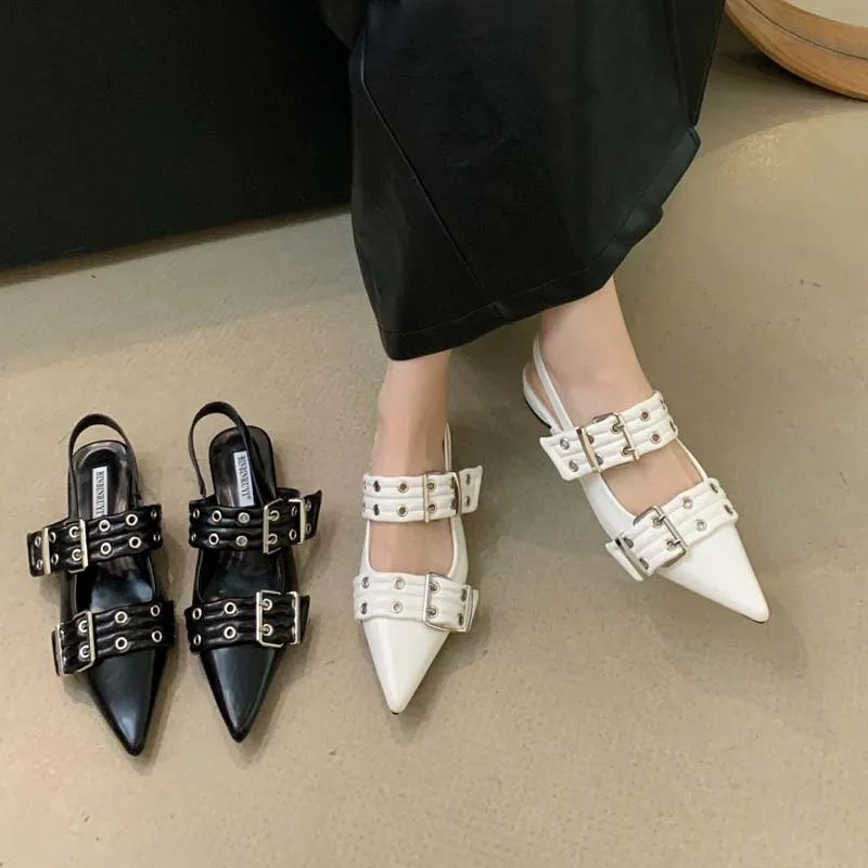 

White High Heels Women Pointed Toe Slingback Shoes Casual Low Heel Belt Buckle Office Shoes Autumn Ladies Pumps Chaussure Femme