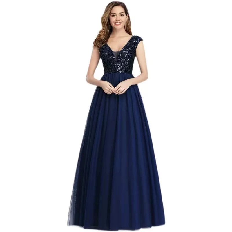 

2023 официальное женское платье с глубоким V-образным вырезом и молнией на спине, тюлевые трапециевидные платья, длинные платья для выпускного вечера Королевского синего цвета