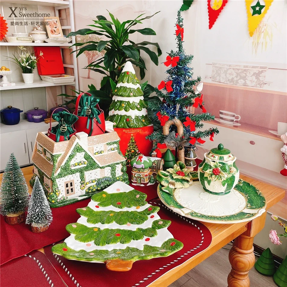 

Керамическое украшение в форме домика, украшение для рождественской елки, органайзер для хранения, банка, бант, тарелка, аксессуары для украшения дома