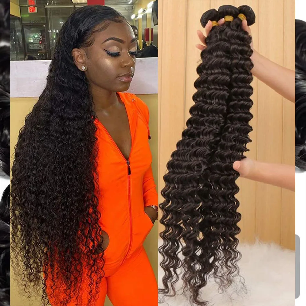 

28 32inch Deep Wave Human Hair Bundle Deal Brazilian Human Hair Weave Hair Extensions Afro Jerry Curly Raw Hair Weave 3/4 Bundle