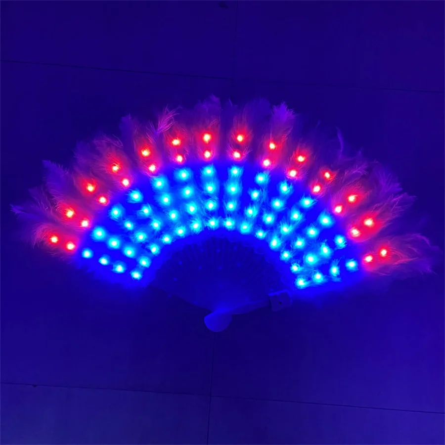 

RGB Changeable Feather Glow Folding Fan LED Dancing Light Night Fluorescent Bar Led Fan Lamp For Nightclub Party Wedding Decor