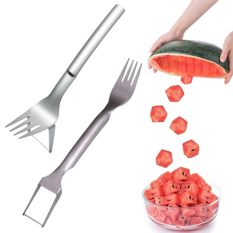 

2 In 1 Watermelon Slicer Cutter Watermelon Fork Slicer Stainless Steel Fruit Cutter Fork Melon Cube Cutting Tool Kitchen Gadget