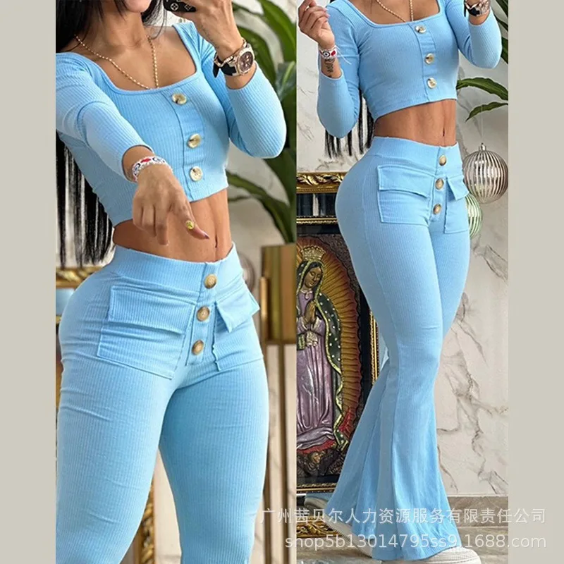 

Elegant Women Two Piece Set Autumn Long Sleeve Button Crop Top Shirt High Waist Pocket Flare Pants Outfits Tracksuit Homewear