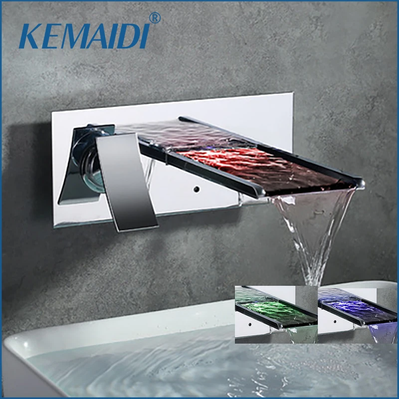 

KEMAIDI Waterfall Faucets Wall Mounted Mixers & Taps Water Power LED Basin Mixer Chrome Faucet 3 Colors Change LED Tap
