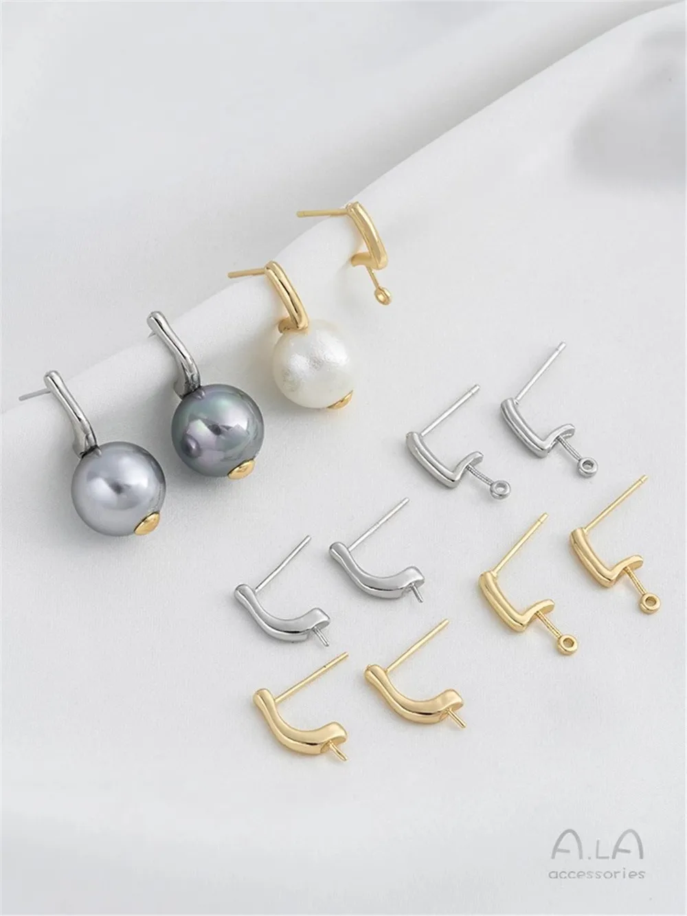 

14K Gold Wrapped L-shaped J-shaped Bead Earrings 925 Silver Needles DIY Handmade Pearl Handmade Ear Jewelry Material F410