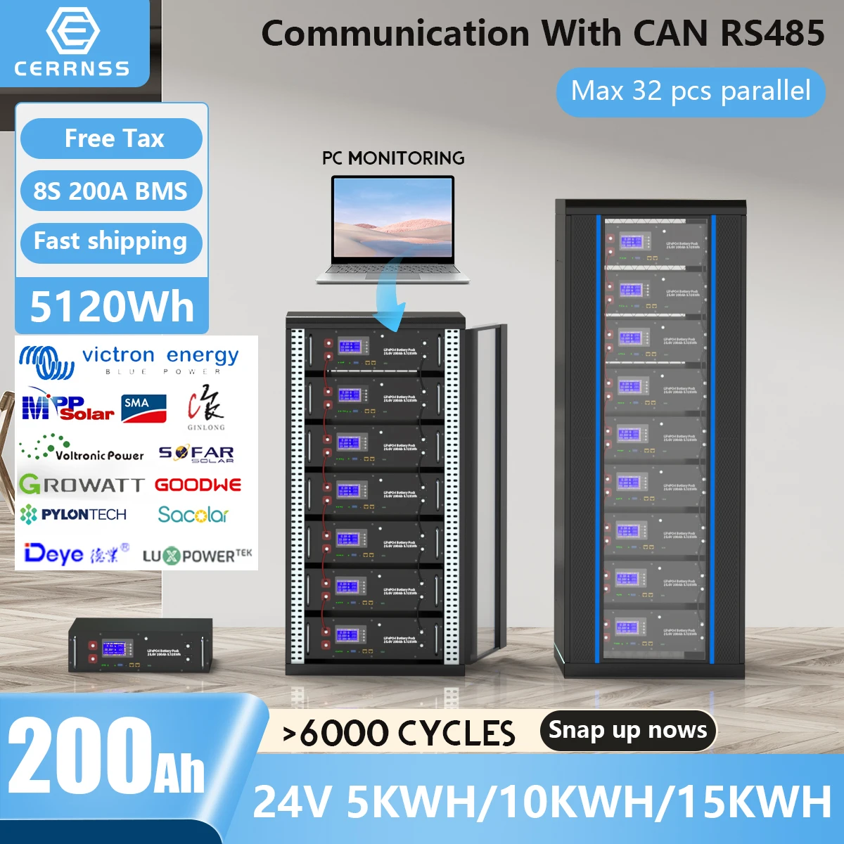 24V 200AH LiFePO4 Battery Pack 29.2V 240AH 300AH 6000+ Cycles 8S 200A BMS PC Monitor Max 32 Parallel 10 Years Warranty EU NO TAX
24V 200AH LiFePO4 Battery Pack 29.2V 240AH 300AH 6000+ Cycles 8S 200A BMS PC Monitor Max 32 Parallel 10 Years Warranty EU NO TAX
