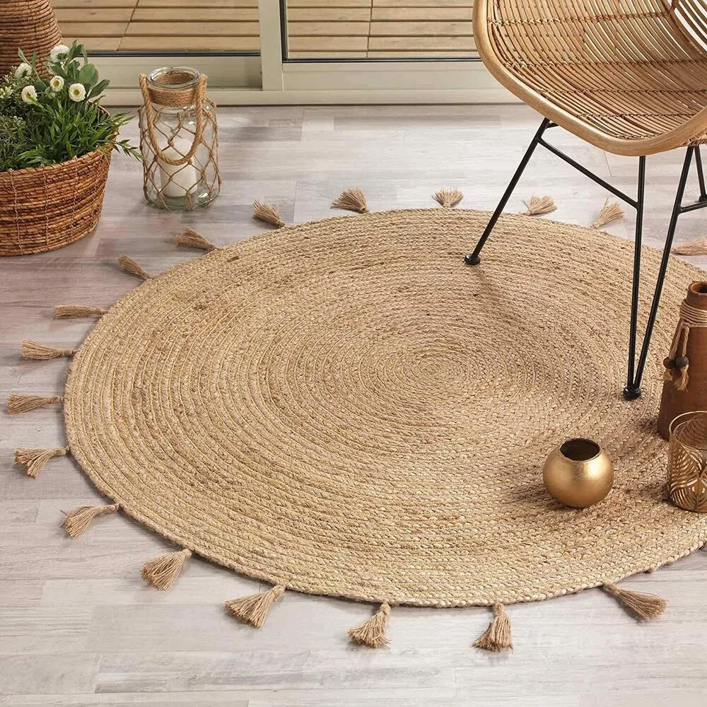 

Natural Jute Round Rug Tassels Design Carpets for Bedroom Hand Braided Rustic Look Area Rug Boho Mat Rug Living Room Home Deocr