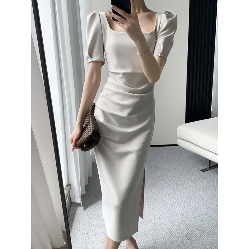 

Side Slit Dresses Women 2023 Summer Trendy Square Collar Puff Sleeve Long Dress Ruched High Waist U-neck Asymmetrical Apricot