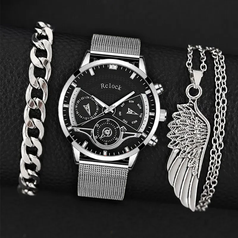 

3PCS Set Fashion Mens Calendar Watches Men Business Silver Bracelet Wings Necklace Stainless Steel Mesh Belt Quartz Wrist Watch