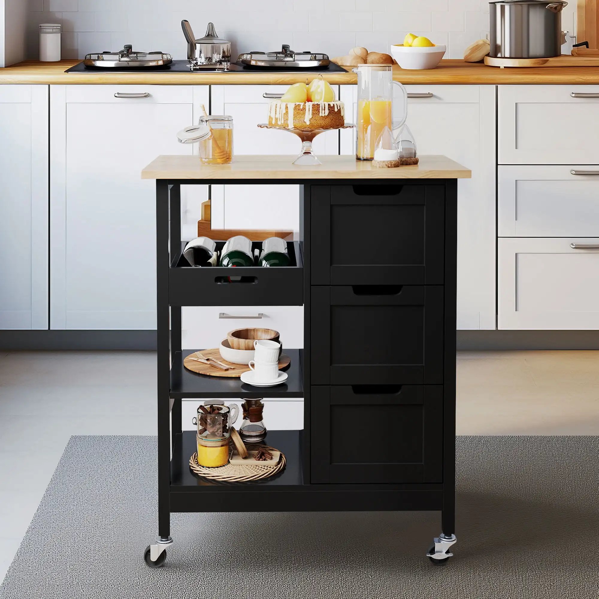 

Dextrus 3 Tier Kitchen Island Cart with Storage, Rolling Kitchen Cart with Large Countertop, Opening Shelves and Drawers