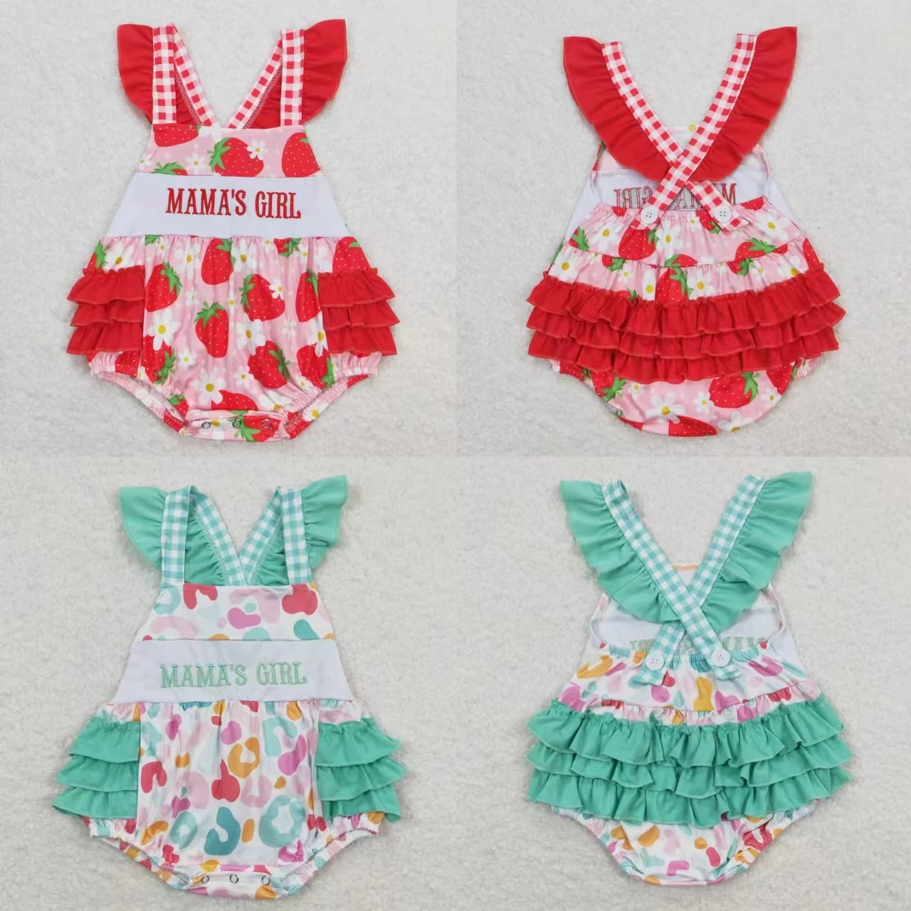 

Wholesale Newborn Leopard Strawberry Floral Romper Summer Embroidery Mama's Girl Jumpsuit Kids Toddler Bubble One-piece Clothing