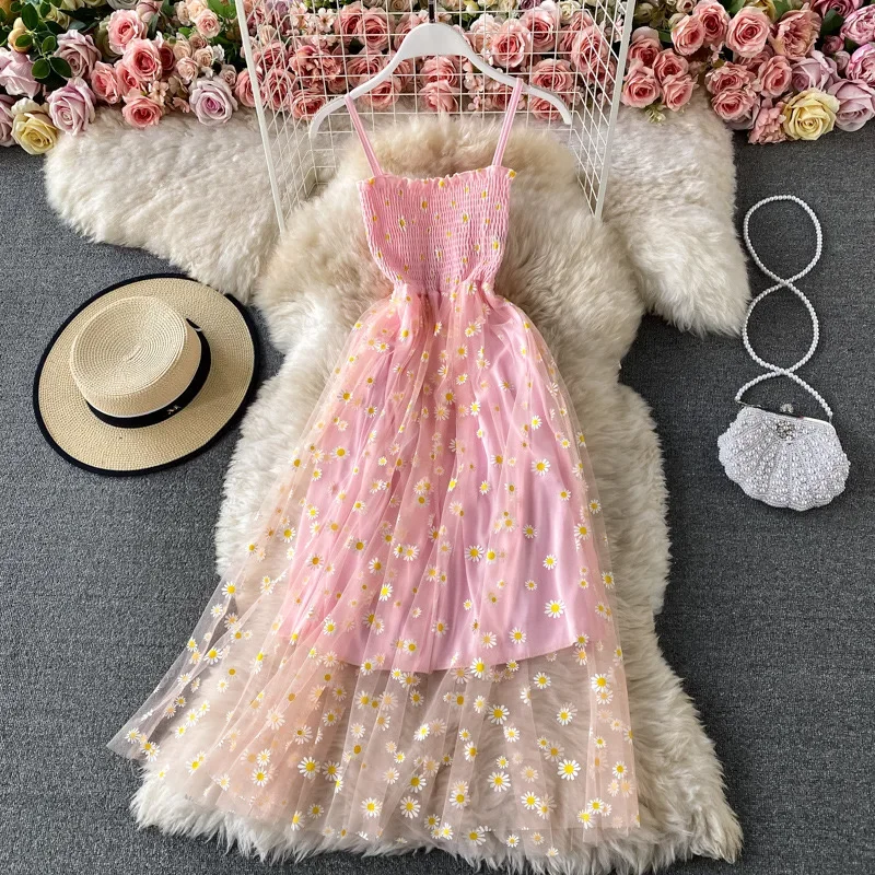 

Korean Fashion Daisy Flower Print Mesh Party Dress Summer Two Layers Spaghetti Strap Vacation Midi Dress Beach Vestidos