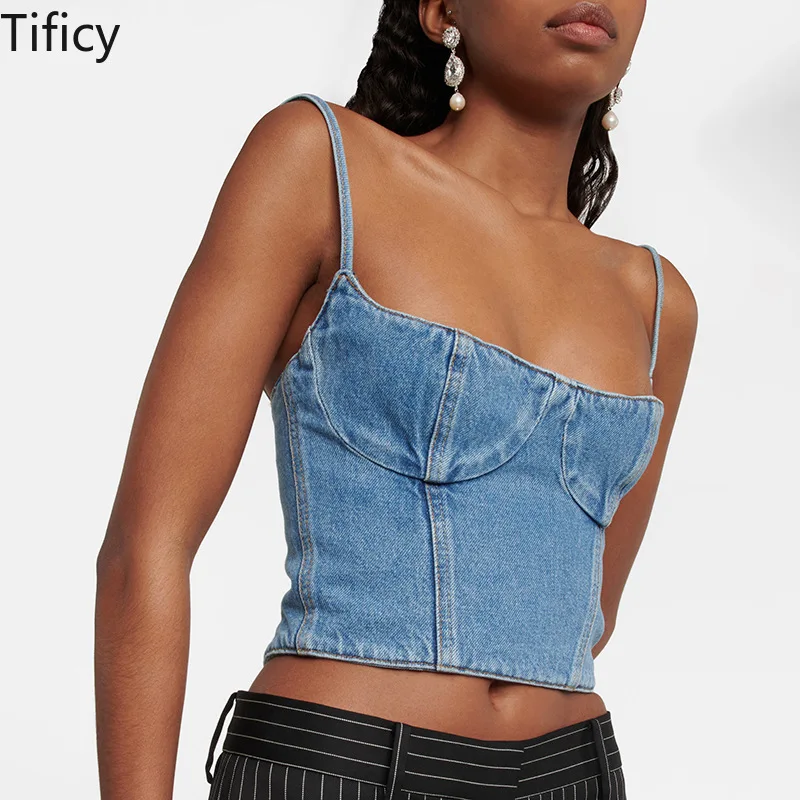 

TIFICY Fashionable Tanks Tops Women's Summer New Slim Fit Back Elastic Zipper Placket Design Denim Slim Strap Crop Tops