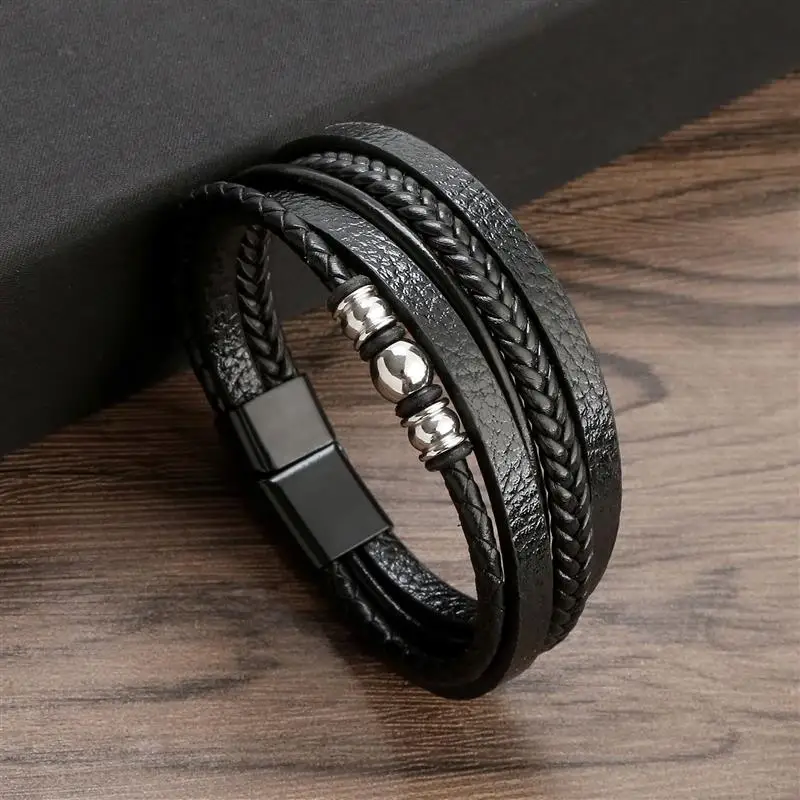 

Classic Luxury Stainless Steel Beaded Bracelet Fashion Men's Jewelry Multilayer Braided Leather Bracelet Homme Jewelry Gift