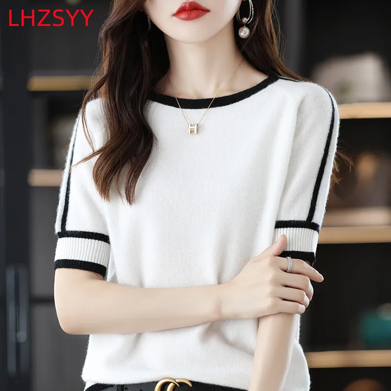 

LHZSYY Spring/Summer New 100%Pure Wool Cashmere Short Sleeve Sweaters Ladies Loose Korean Tops Half Sleeve Knit Base Shirts Thin