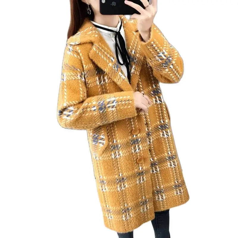 

Imitation Mink Velvet Woolen Women's Jacket Medium Long Fall Winter New Add Thick Windbreakers Knitting Cardigan Keep Warm Coat