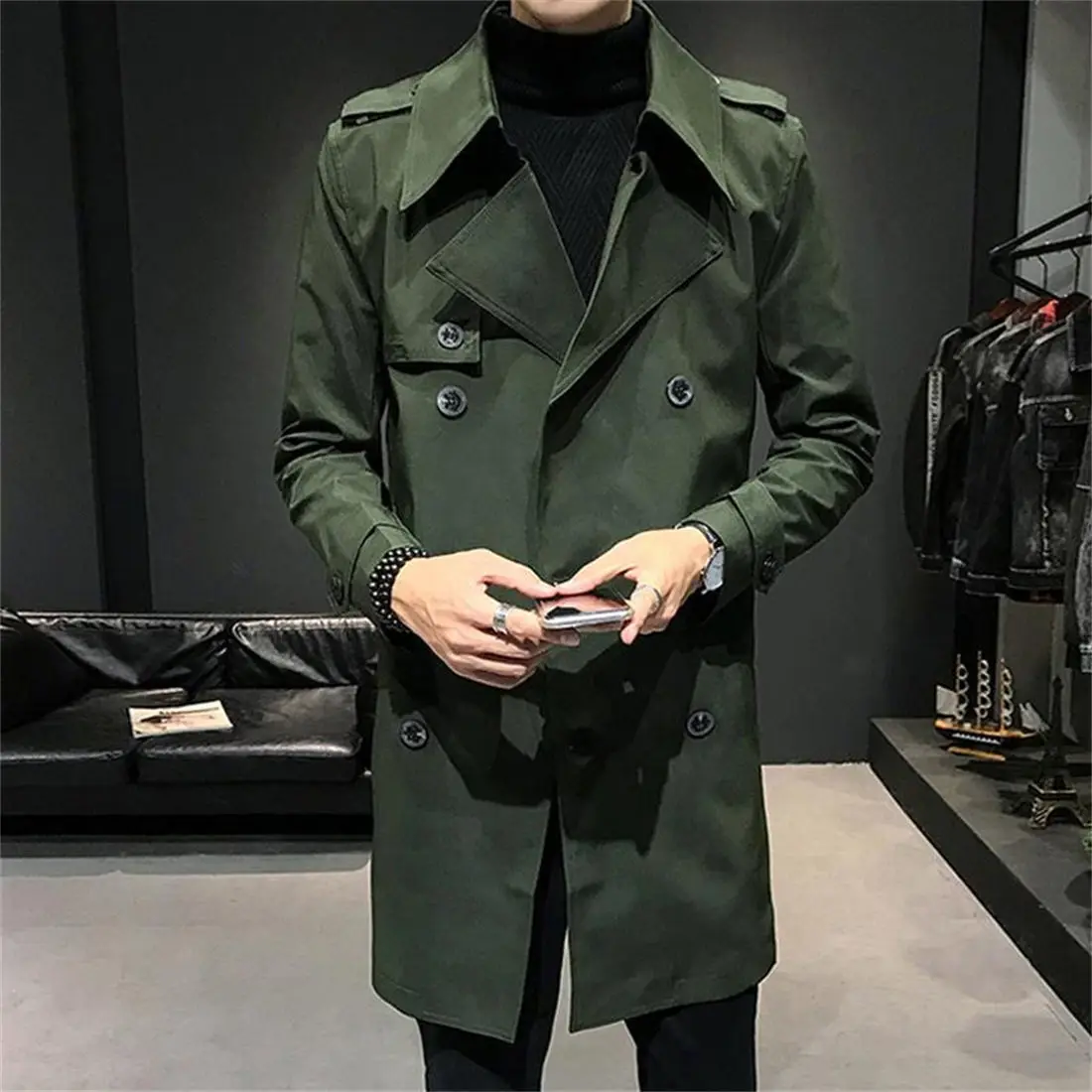 

2022 Autumn Winter Men's Jackets Double Breasted Medium-Long Trench Coat Male Solid Color Coats Fashion Windbreaker Outwears K53