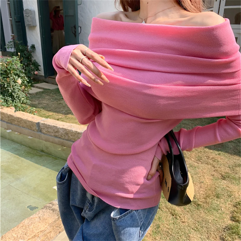 

PLAMTEE Off Shoulders Tees Sweaters OL Knitted Women Summer Slash Neck Chic Slim 2023 Mujer Solid Pullovers Sexy Full Sleeve