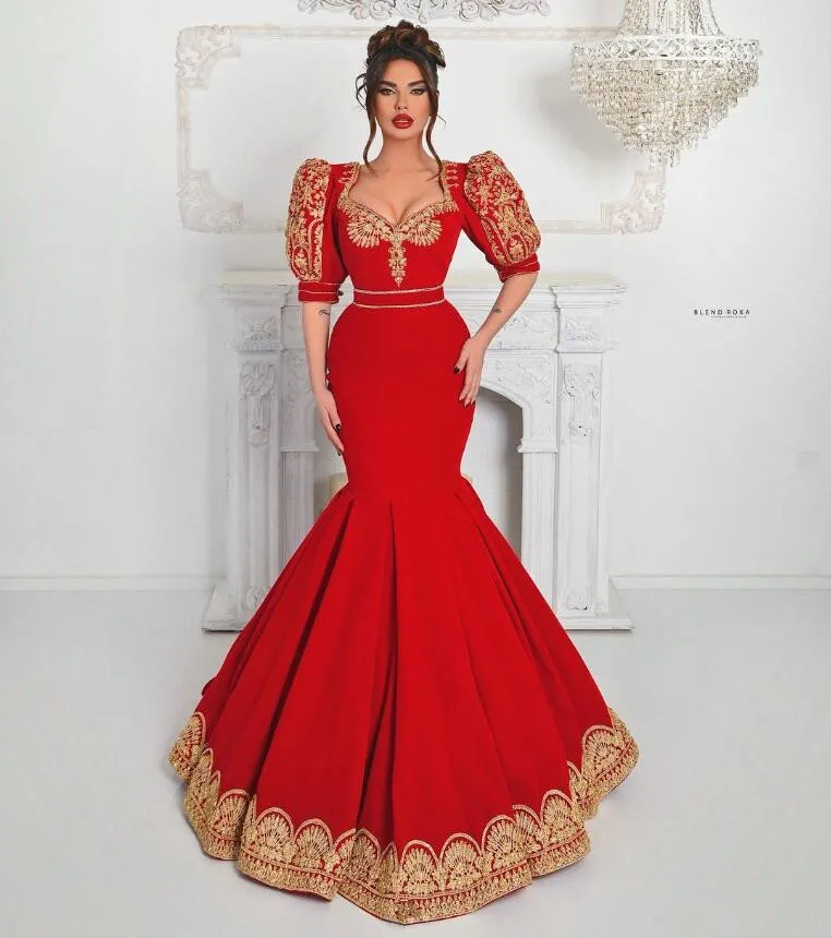 

Женское длинное вечернее платье-русалка, красное платье с золотой аппликацией и вышивкой в стиле албанской машаллы, платья знаменитостей для выпускного вечера