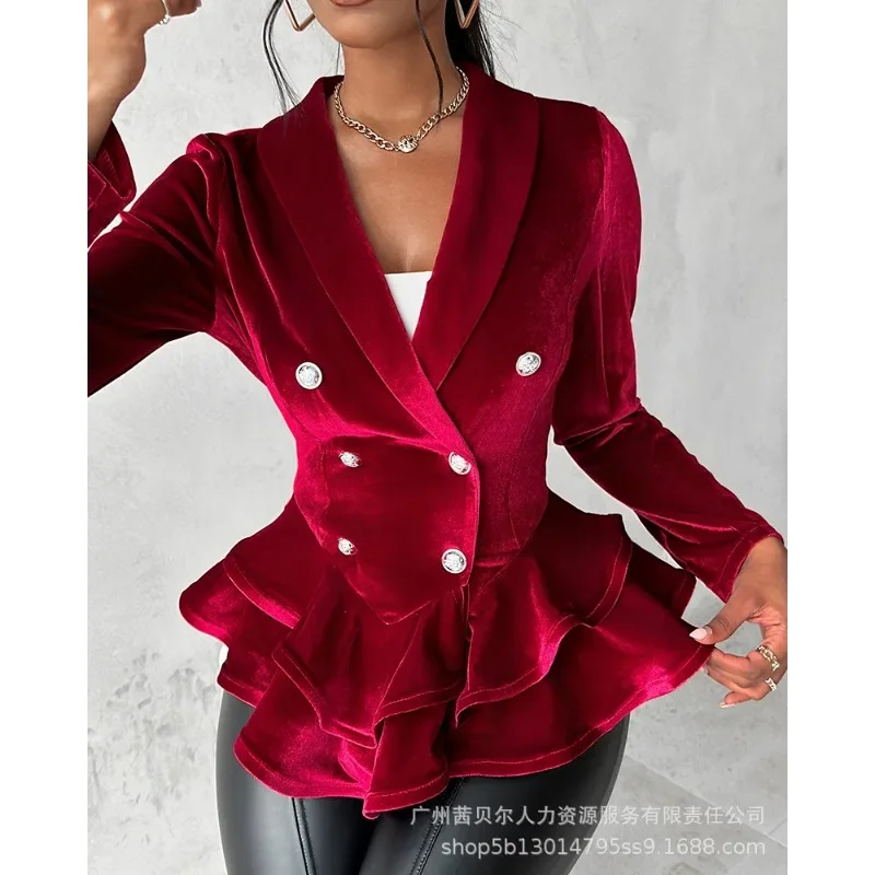 

Outwear Elegant Tailored Coats Jackets Double Breasted Wepbel Women Long Sleeve Velvet Suits Jacket Velvet Ruffles Blazer Coat