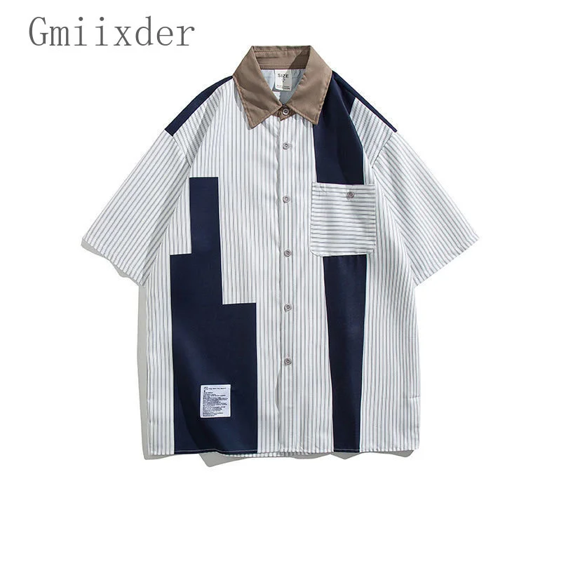 

Японская винтажная рубашка с коротким рукавом для мужчин и женщин, свободная блузка-карго Cityboy в полоску, повседневные топы с отложным воротником и контрастными строчками