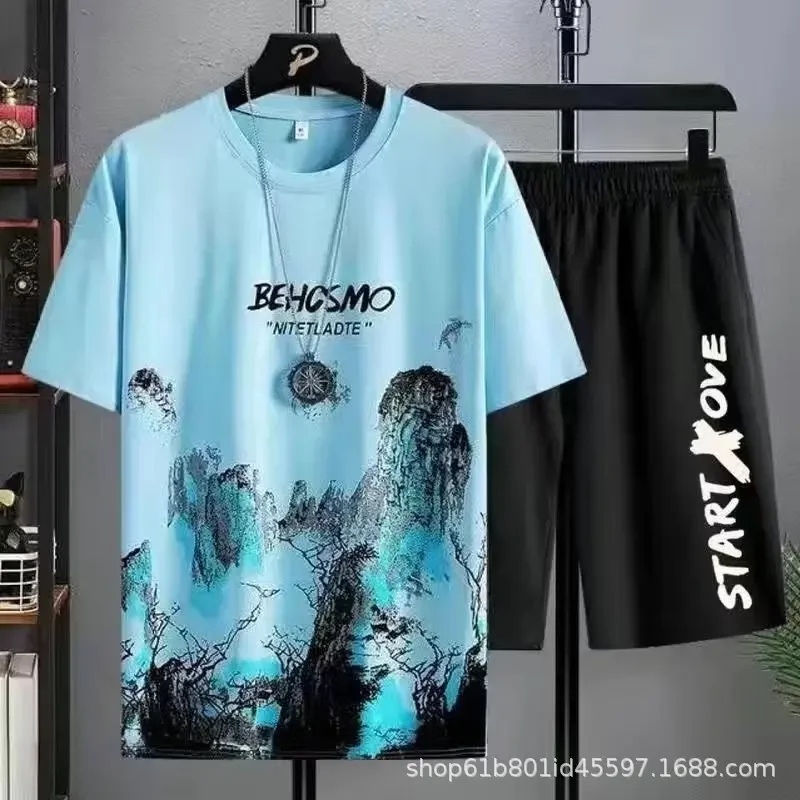 

2024Casual Ice Silk Gradient Short Men Sleeve T-shirt Shorts Set Men's Summer Sporty Two-piece Outfit Stylish Male Clothing