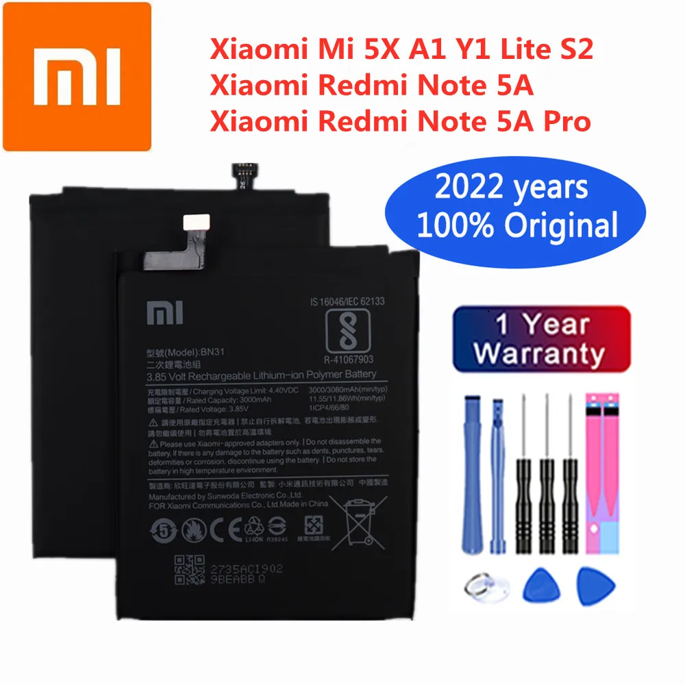 

2022 Years 100% Xiaomi Original Battery For Xiaomi Mi 5X Redmi Note 5A / Note 5A pro Mi 5X A1 Y1 Lite S2 3000mAh BN31 Battery