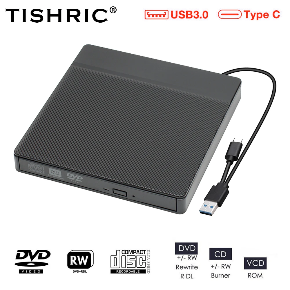 

TISHRIC DVD External USB3.0 Reader CD Player DVD Burner Lector CD Recorder Optical Disk Drives For PC Laptop Notebook