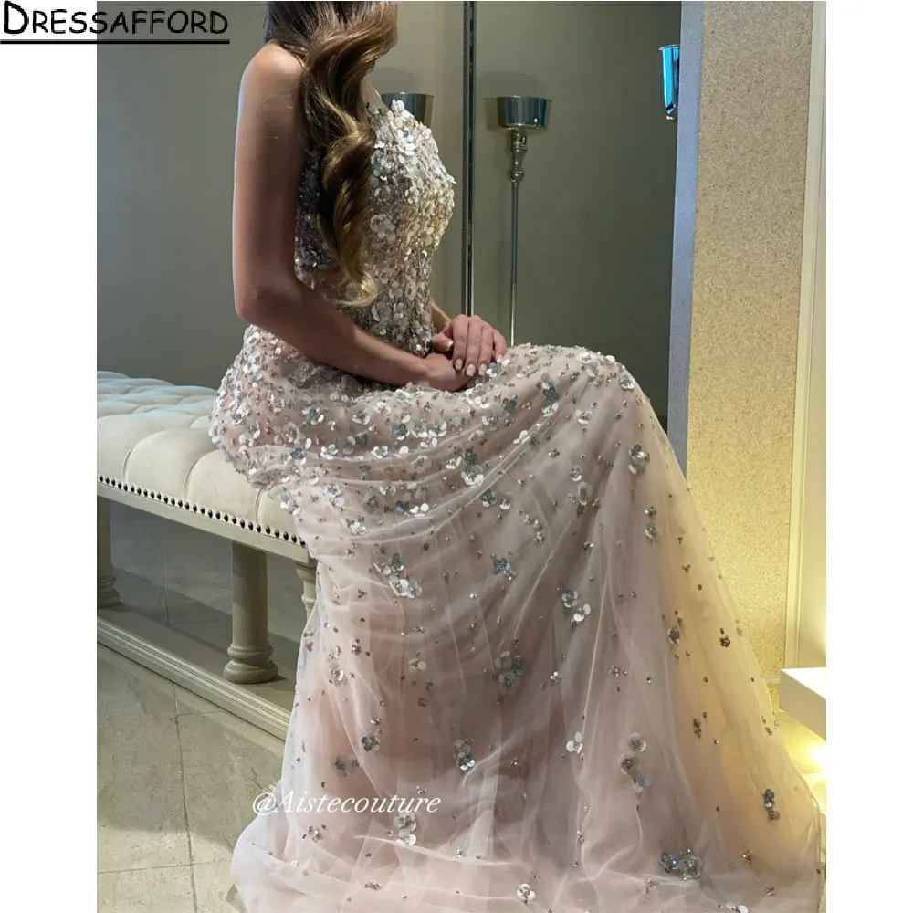 

Champagne Strapless Sequined Flowers Dubai Evening Dress A-Line Crystal Beading Saudi Arabic Formal Party Gown