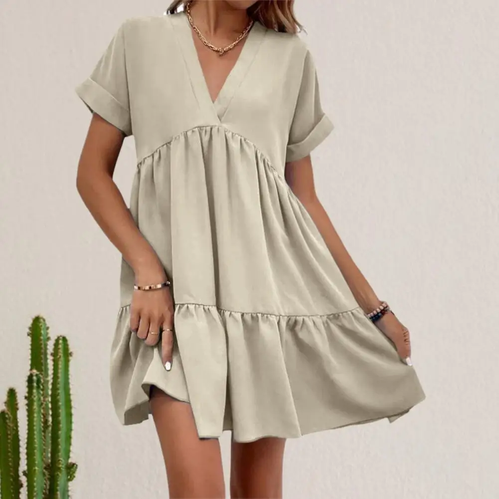 

Lady Short Dress Dress Stylish V Neck Summer Dress with Short Sleeves A-line Silhouette for Women Loose Fit Big Swing for Dating