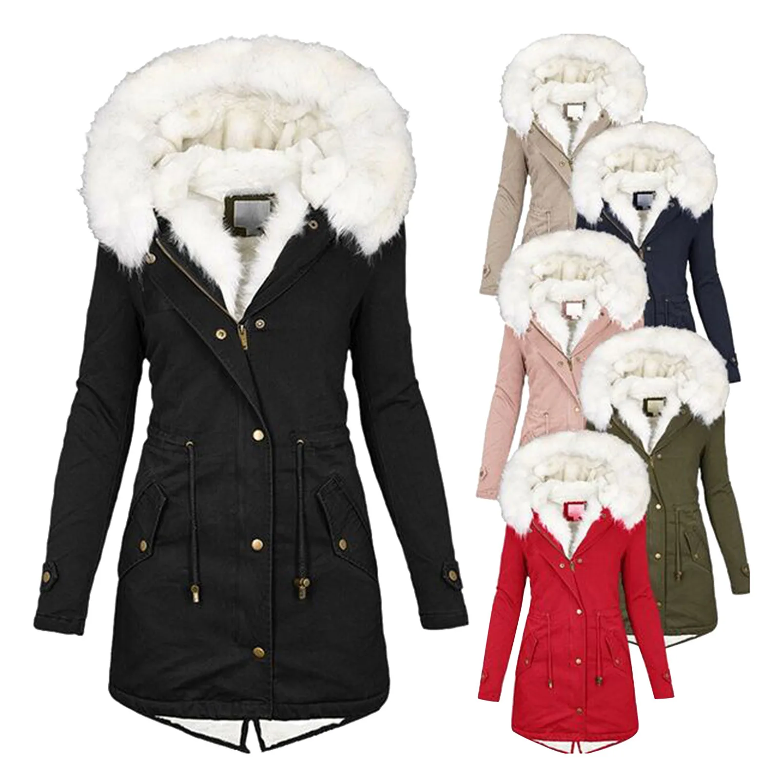Autumn and winter women's mid length trench coat with white fur collar hooded insulation and plush women's coat cotton coat 
Autumn and winter women's mid length trench coat with white fur collar hooded insulation and plush women's coat cotton coat