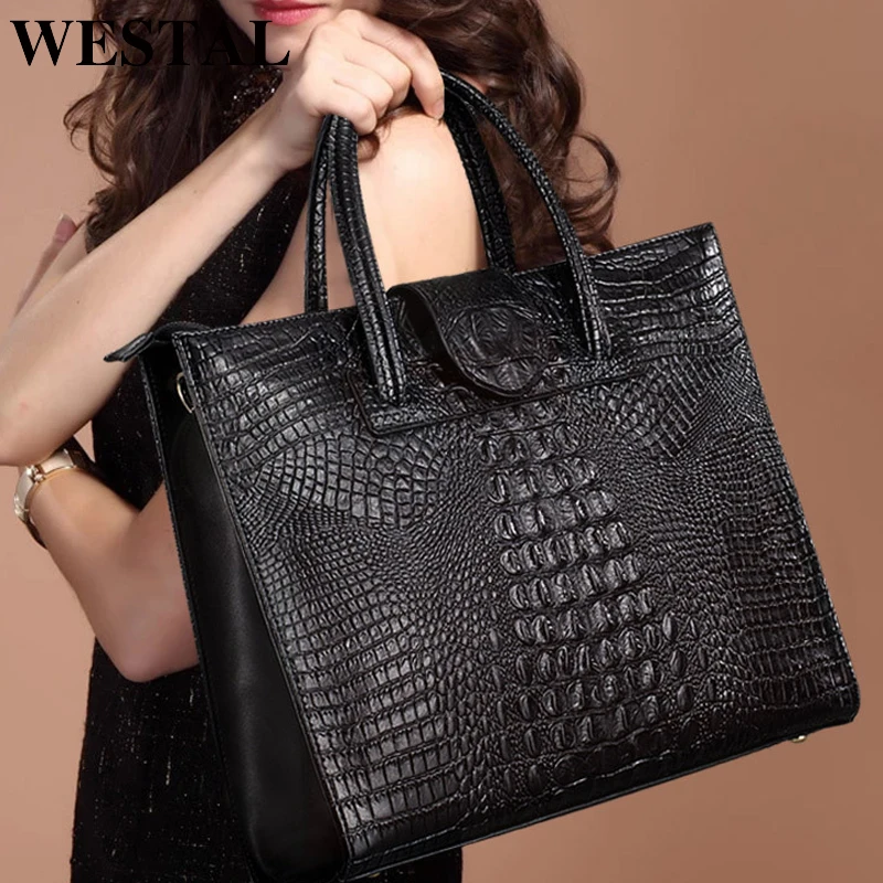 WESTAL Croco Style Cowskin Leather Womens Handbags Luxury Shoulder Bags Black Top-Handle Work Bags 642 
WESTAL Croco Style Cowskin Leather Womens Handbags Luxury Shoulder Bags Black Top-Handle Work Bags 642
