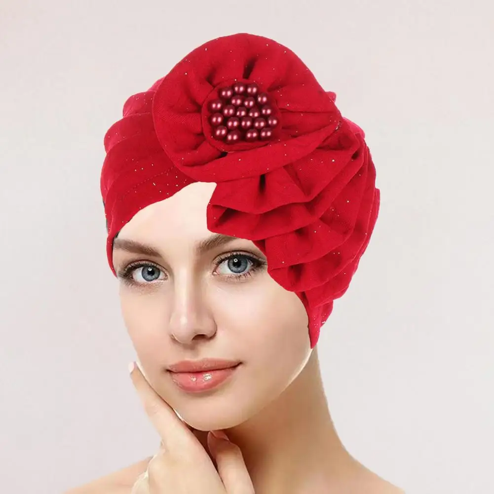 

Stretchable Ladies Hat Ladies Elastic Band Hat Soft Breathable Ladies Hat with Flower Faux Pearl Decor Multi Layers Solid Color