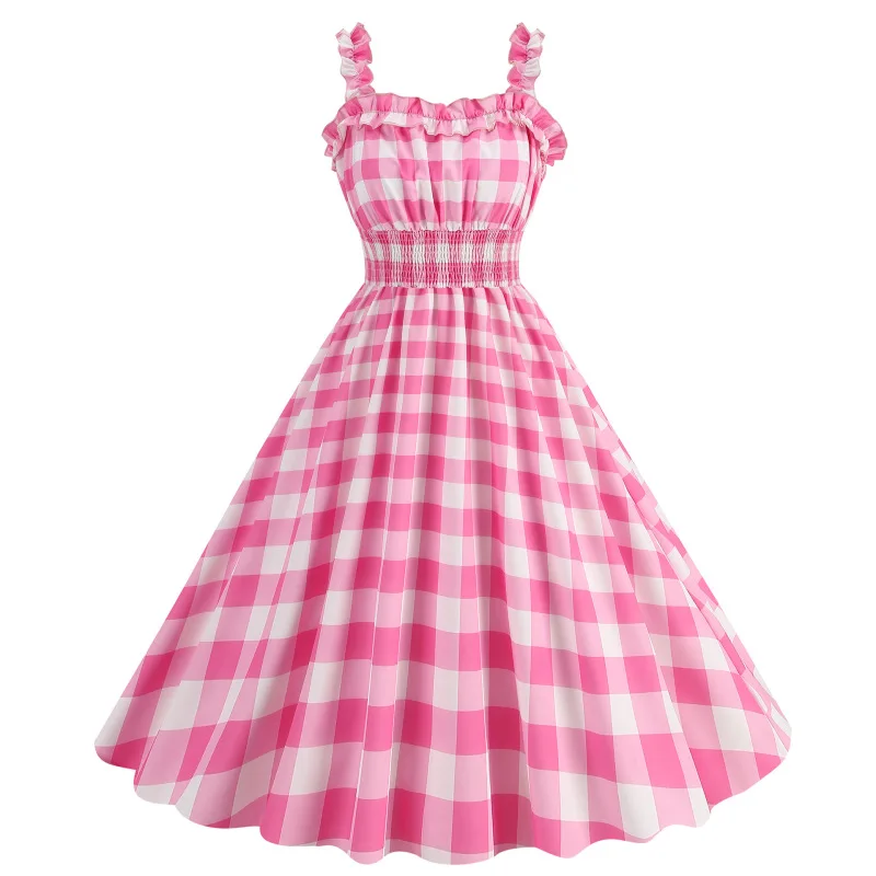 

Sweet Women Barbie Pink Rockabilly Flare Dress Polka Dot Print Swing Dress 1950s 50s Audrey Hepburn Retro Vintage Party Dresses