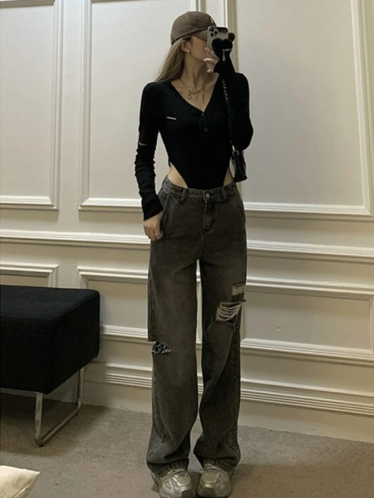 

Womens Jeans with Pockets High Waist Shot Trousers Ripped Straight Leg Pants for Women Holes Torn 2000s Y2k Vintage Clothes R A