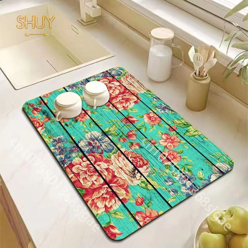 

Flower Drying Mat Drainer Diatom Mud Anti-Slip Super Absorbent Soft Quick Dry for Kitchen Coffee Bar Dish Drain Pad Placemat