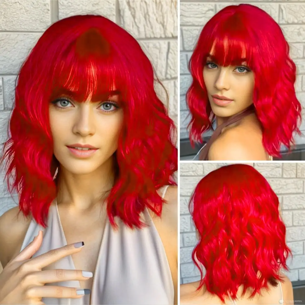 

Wavy Synthetic Wig With Bangs Short Bob Pink Wigs Curly Wavy Shoulder Length Cosplay Wig Daily Colorful Wig