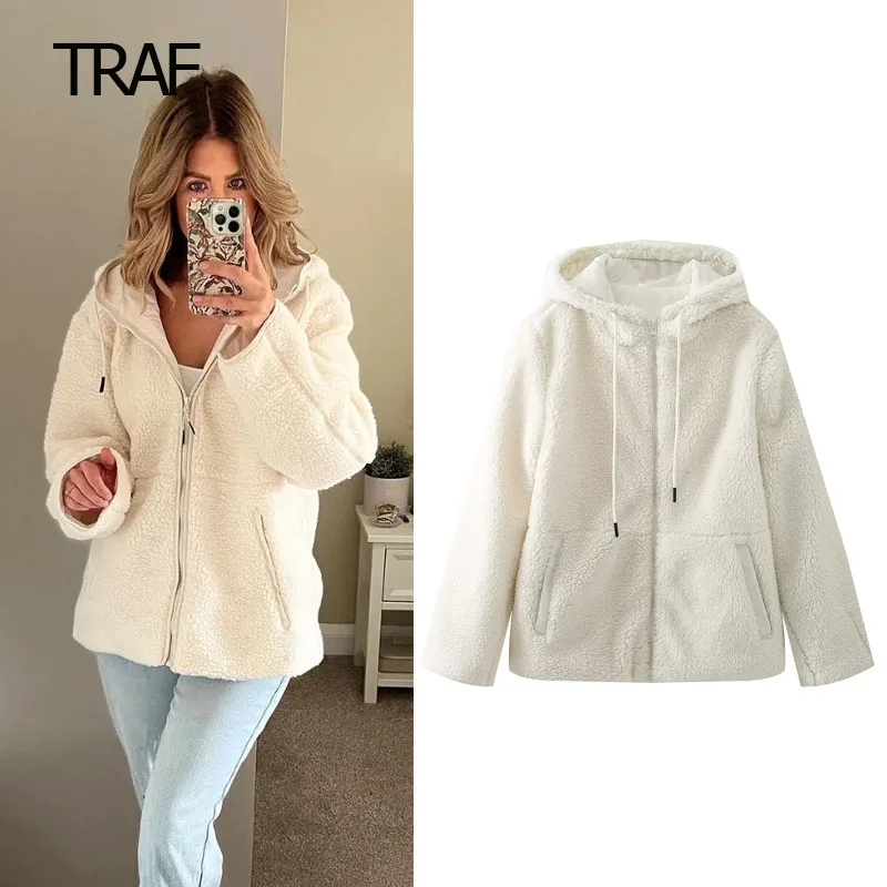 

TRAF Teddy Bomber Jacket Women Coat Demi-Season Fluffy Long Sleeve Top With Zip Hoodie New Outerwear Chic And Elegant Jacket