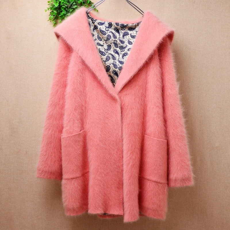 

Heavy Thick Female Women Autumn Winter Pink Hairy Hooded Mink Cashmere Knitted Long Sleeves Loose Cardigans Jacket Sweater Coat